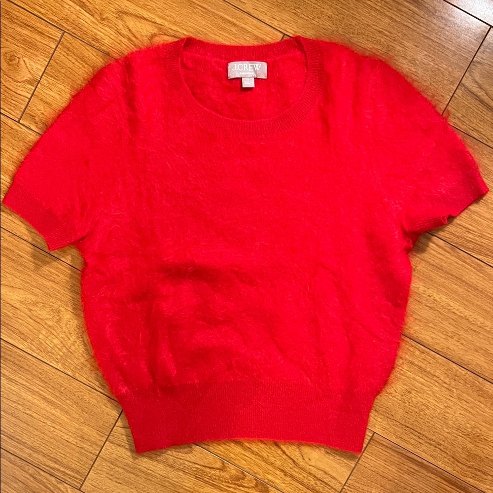 J. Crew Vibrant Red Crew Neck brushed cashmere short sleeve sweater